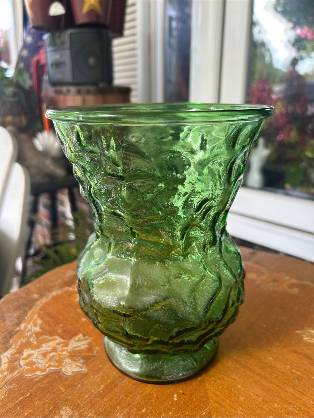 Vintage Emerald Green Crinkle Glass Vase